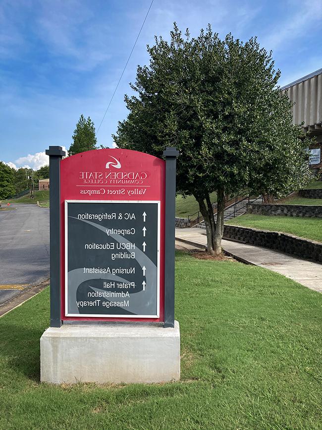 A directional sign on the Valley Street Campus